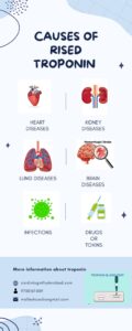 Infographics of Causes of elevated troponin like heart diseases, lung diseases, kidney diseases, infection, brain diseases