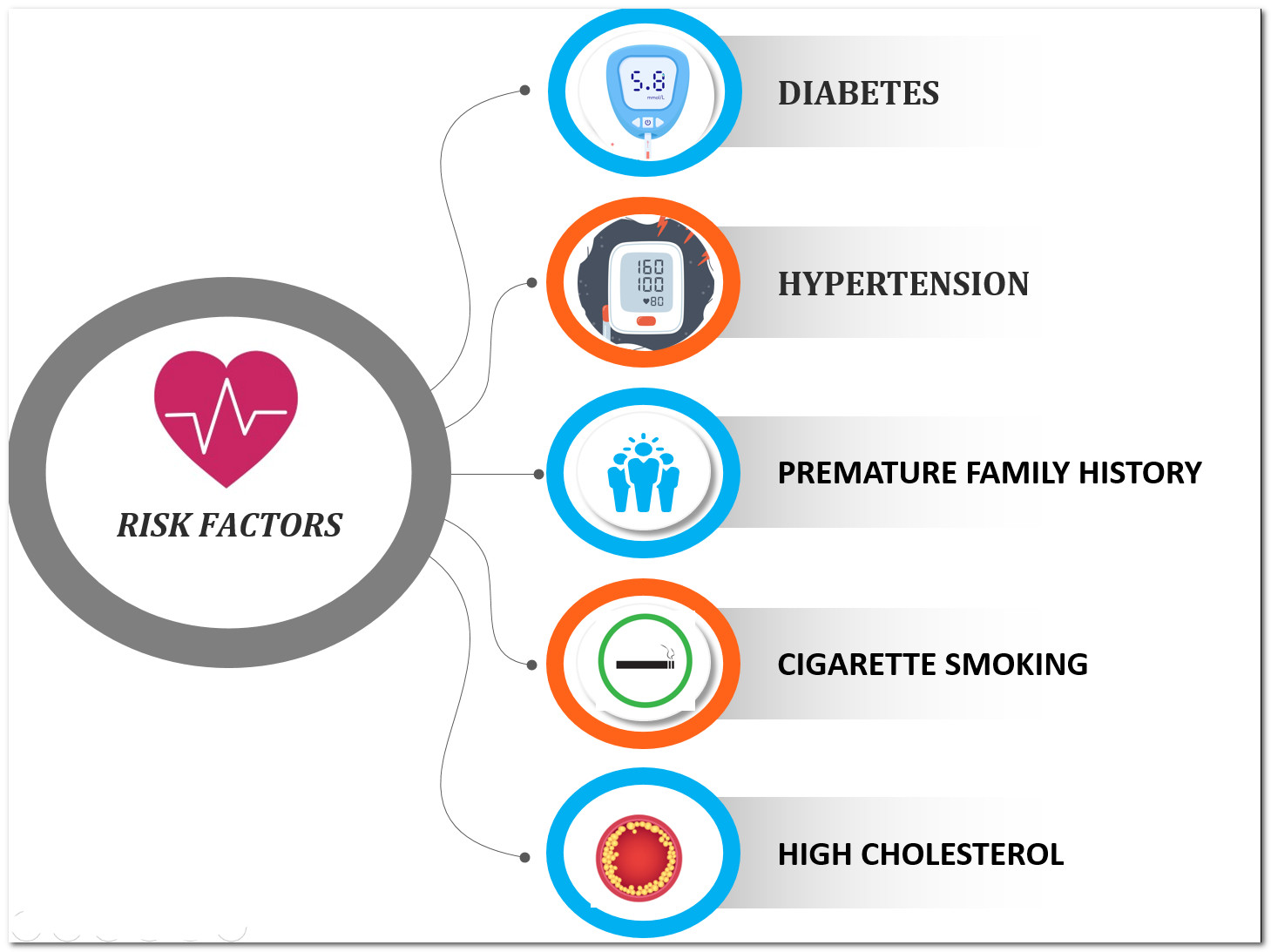 Traditional risk factors for heart diseases such as High blood pressure, Diabetes mellitus, Smoking , High cholesterol, Premature family history 