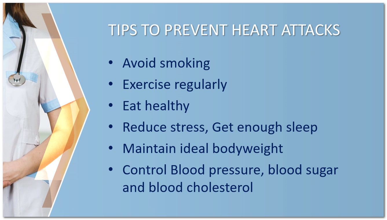 TIPS TO PREVENT HEART ATTACK -healthy lifestyle, Quit smoking, reduce alcohol consumption, heart-healthy diet, Avoid unhealthy food, exercise daily, Control BP, sugar and cholesterol 